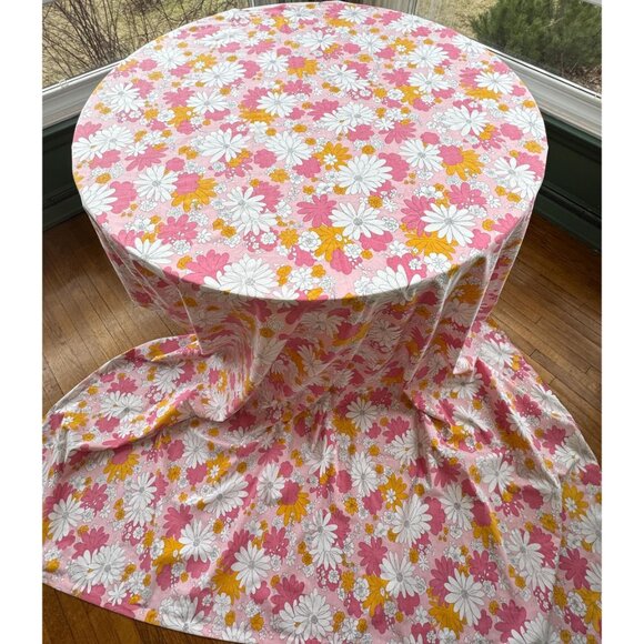 Vintage 70s flat/top sheet, orange, pink, white daisy flowers, full/double size - Picture 3 of 8